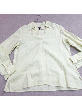 Talbots Shirt 16P Yellow Green Solid 100% Irish Linen Long Sleeves